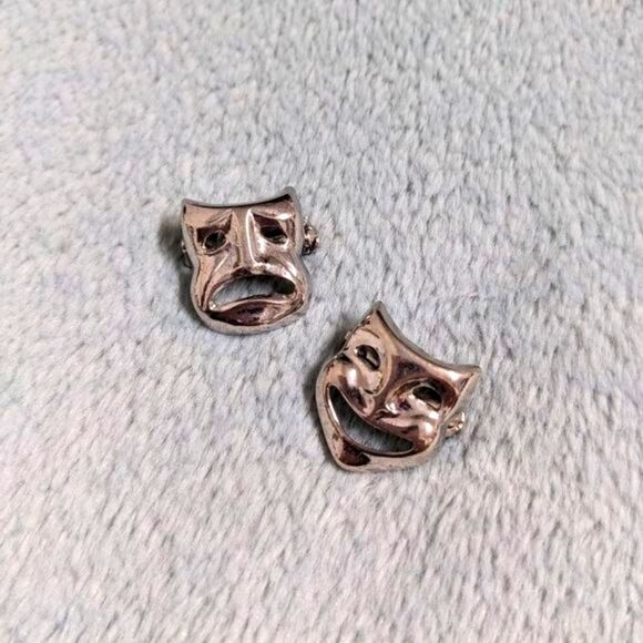 Vintage 70's Rhodium Plated Comedy and Tragedy Small Scatter Pins - Picture 5 of 11